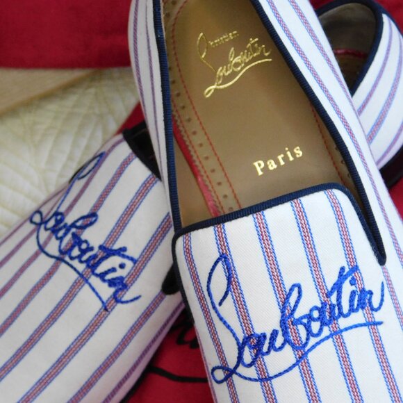 NIB Louboutin Dandelion slip on embroidered loafer Pic Nic stripe toile flat 43 - Picture 16 of 16